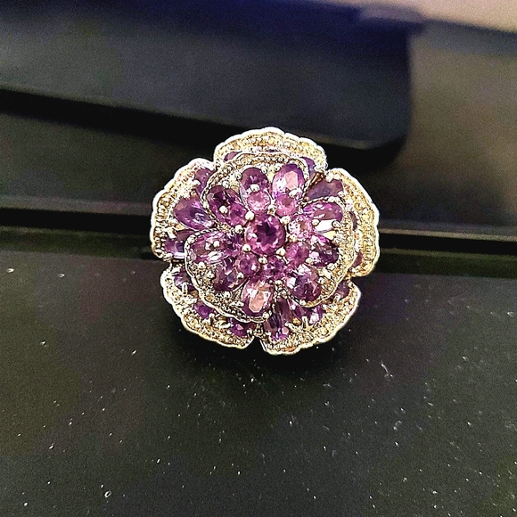 Vintage stamp s925 Thailand silver natural amethyst & crystal quartz Flower ring - Picture 1 of 5